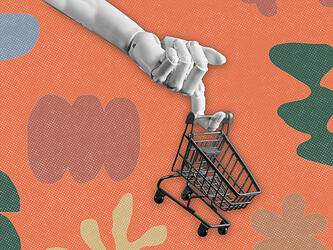 robotic hand holding a shopping trolley against orange patterned background
